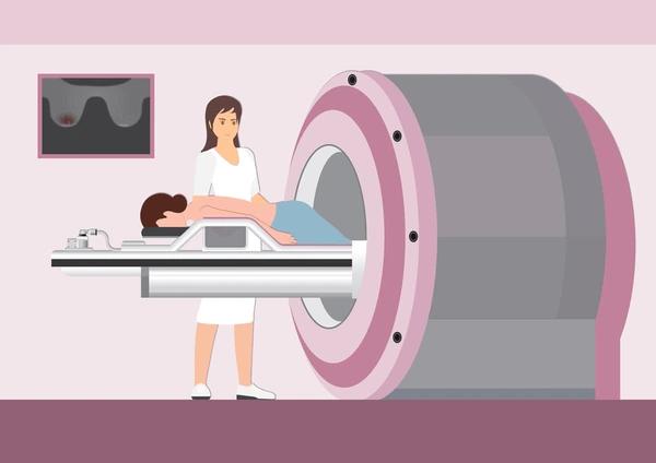 Illustration of a breast MRI procedure in Dubai showing a patient undergoing magnetic resonance imaging for breast cancer detection.