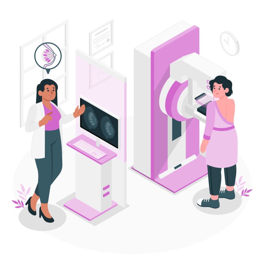 Illustration of a mammogram procedure showing a radiologist explaining breast imaging results to a patient in Dubai.